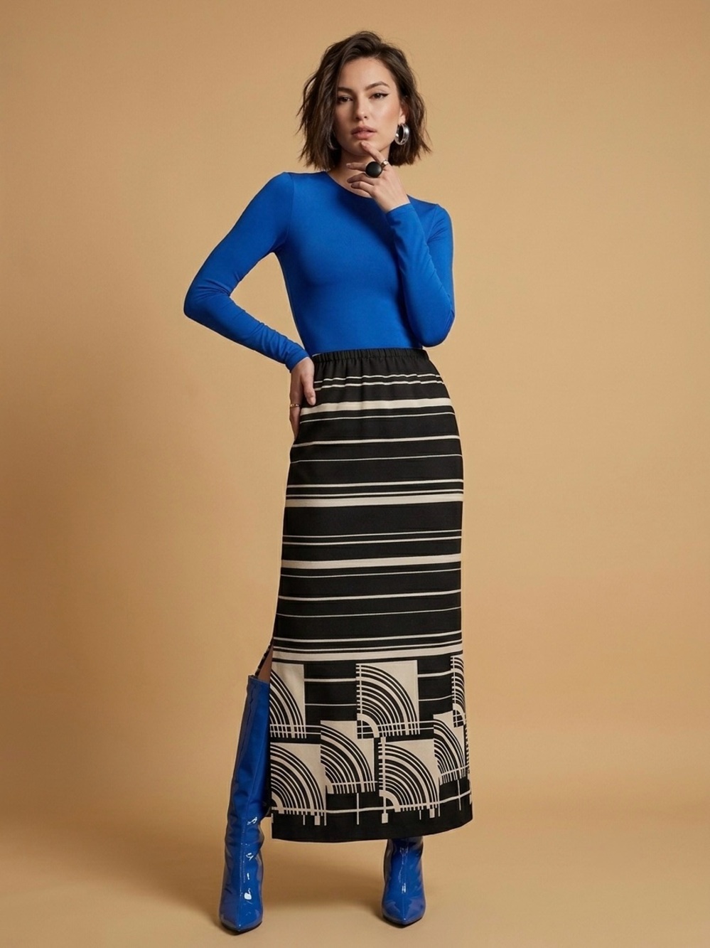 Vintage 70s Art Deco Geometric Maxi Skirt Black Cream Striped Mid Century M - Picture 9 of 9